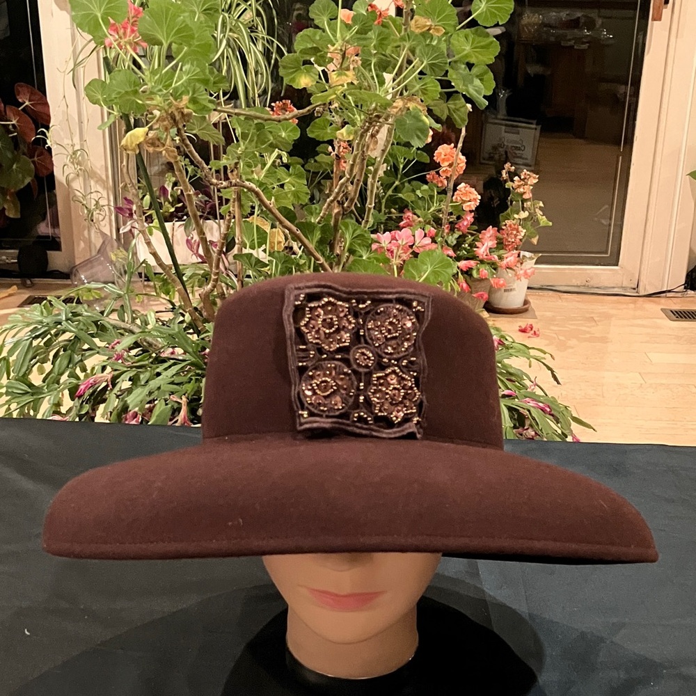 Elegant Brown Wool Hat with Decorative Sequined Accent